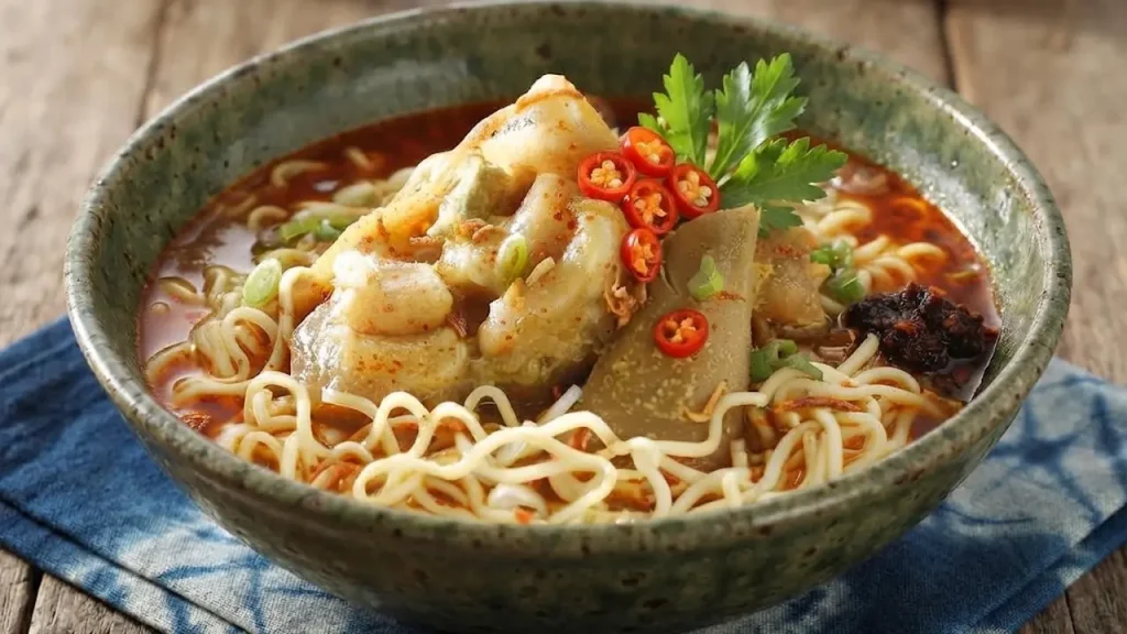 Mie kikil pedas dengan kuah kaldu sapi gurih, tauge, bawang goreng, dan seledri